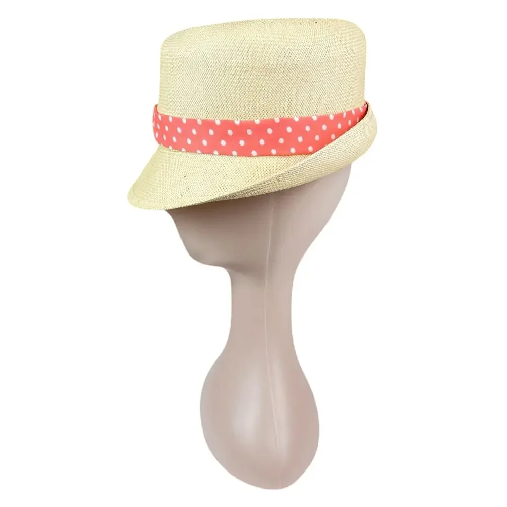 Vintage Natural Straw Fedora Hat Coral White Polka Dot Band 60s Union Made OS - Picture 3 of 9